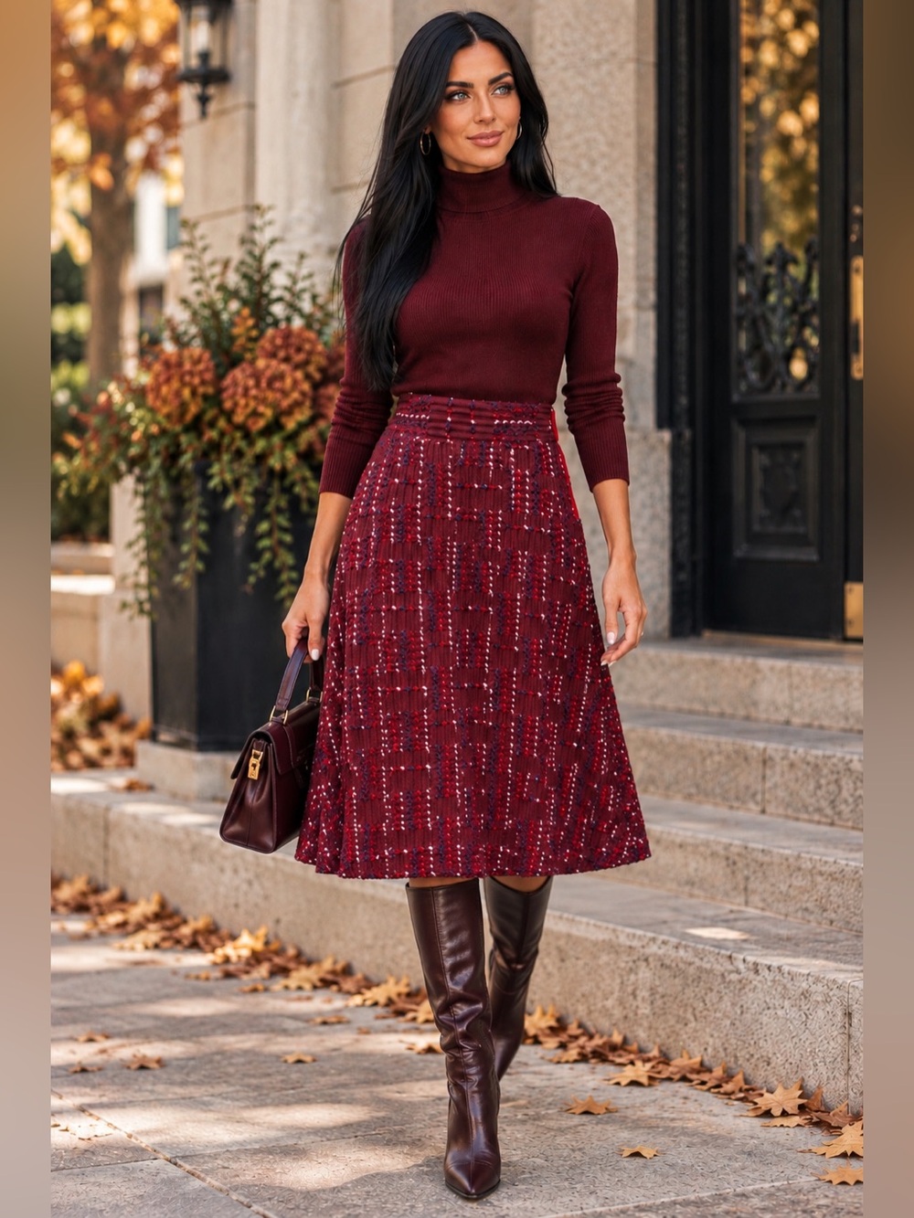 Anthropologie Maeve Anisa Textured Midi Skirt Burgundy Plaid Size Medium